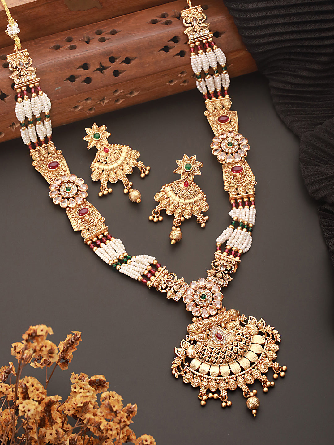 Gold Plated Fusion Stone Studded Filigree Long Maala  Bridal  Jewellery Set
